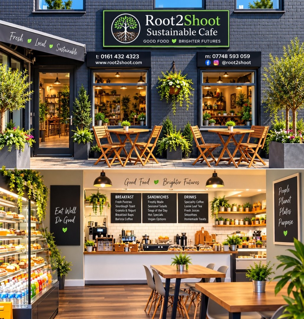 Inside the Root2Shoot Sustainable Café in Stockport — plants, wooden tables and the counter