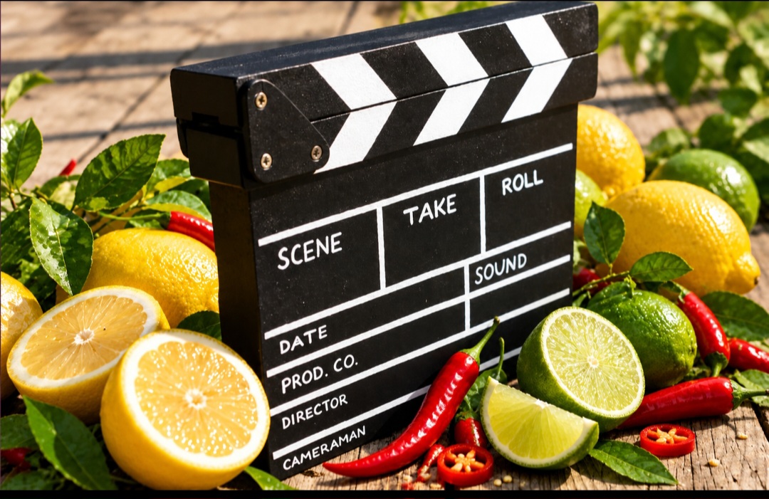 A film production clapperboard surrounded by fresh lemons, limes and red chillies — Root2Shoot sustainable film and TV catering