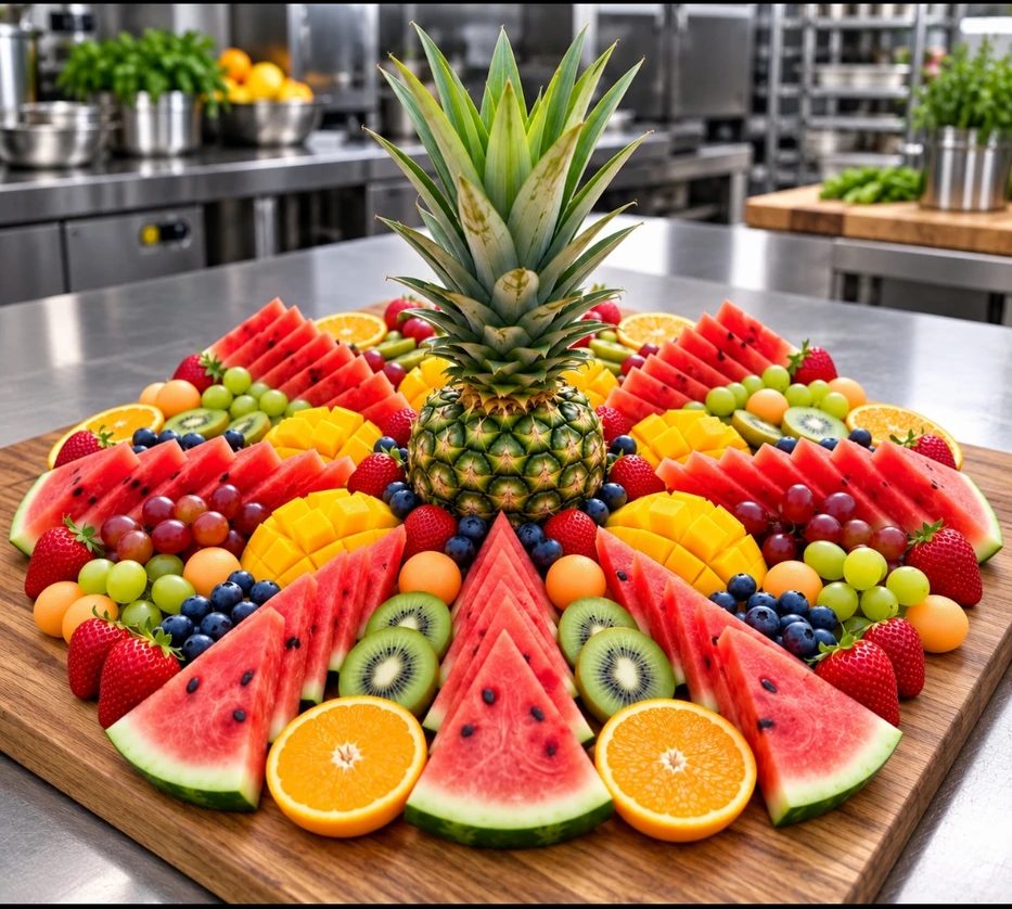 A fresh fruit platter prepared in the Root2Shoot kitchen — seasonal, colourful and plant-forward