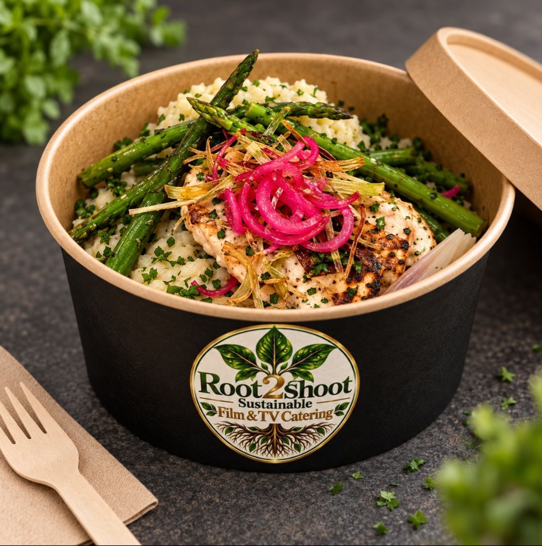A Root2Shoot hotbox with grilled chicken, asparagus and pickled onions — full dietary coverage for the whole crew