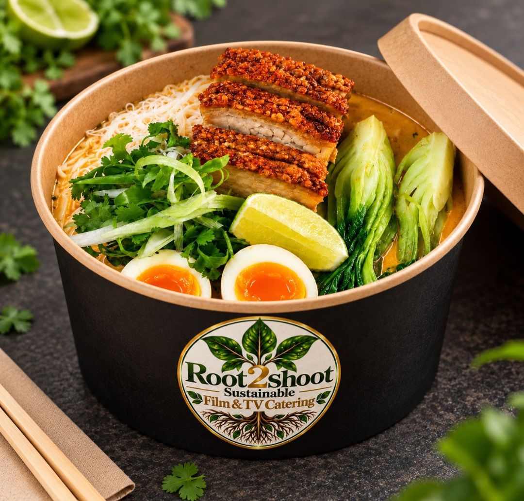 A Root2Shoot hotbox of crispy pork belly ramen with pak choi, lime and soft egg