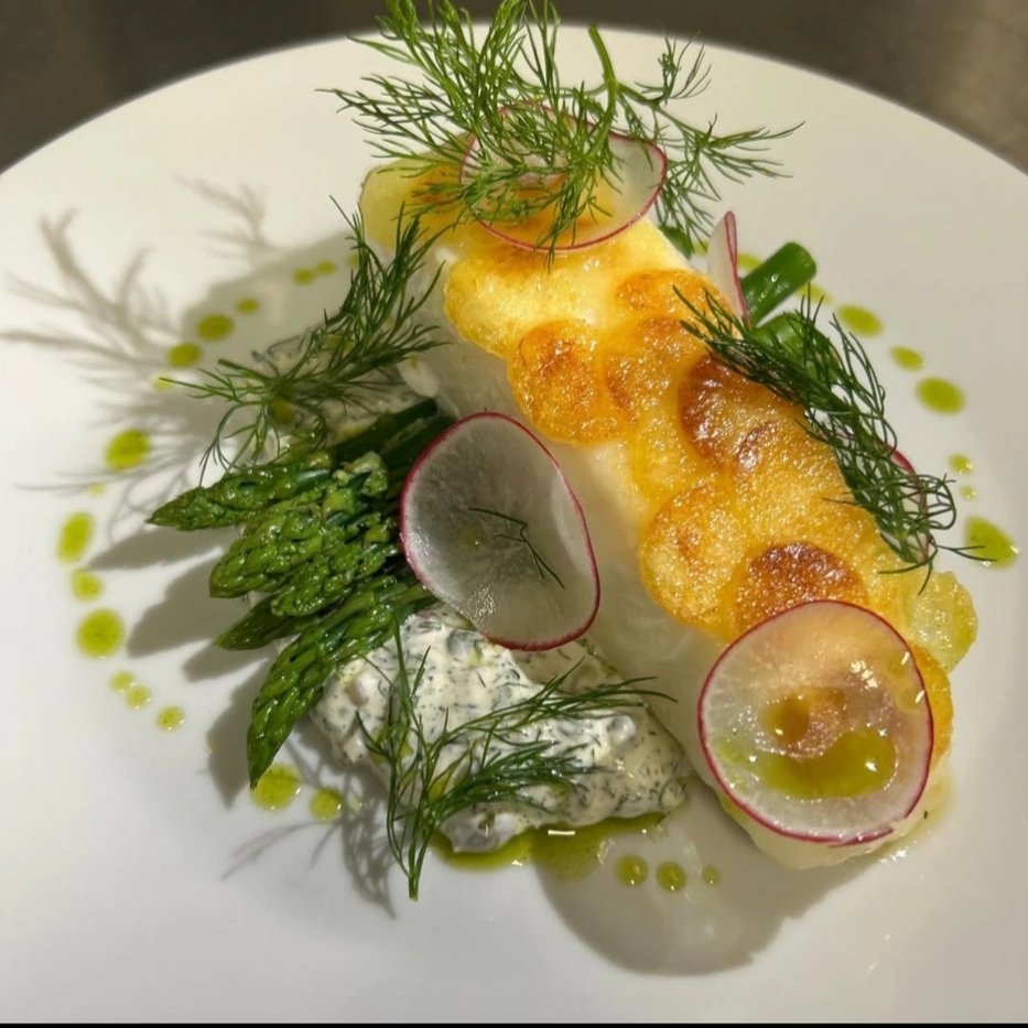 Pan-seared fish with asparagus, radish and dill — plated-style presentation from Root2Shoot's Luxury package