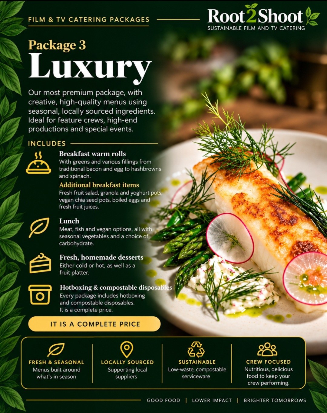 Luxury package artwork — £27.00 per person, Root2Shoot film and TV catering