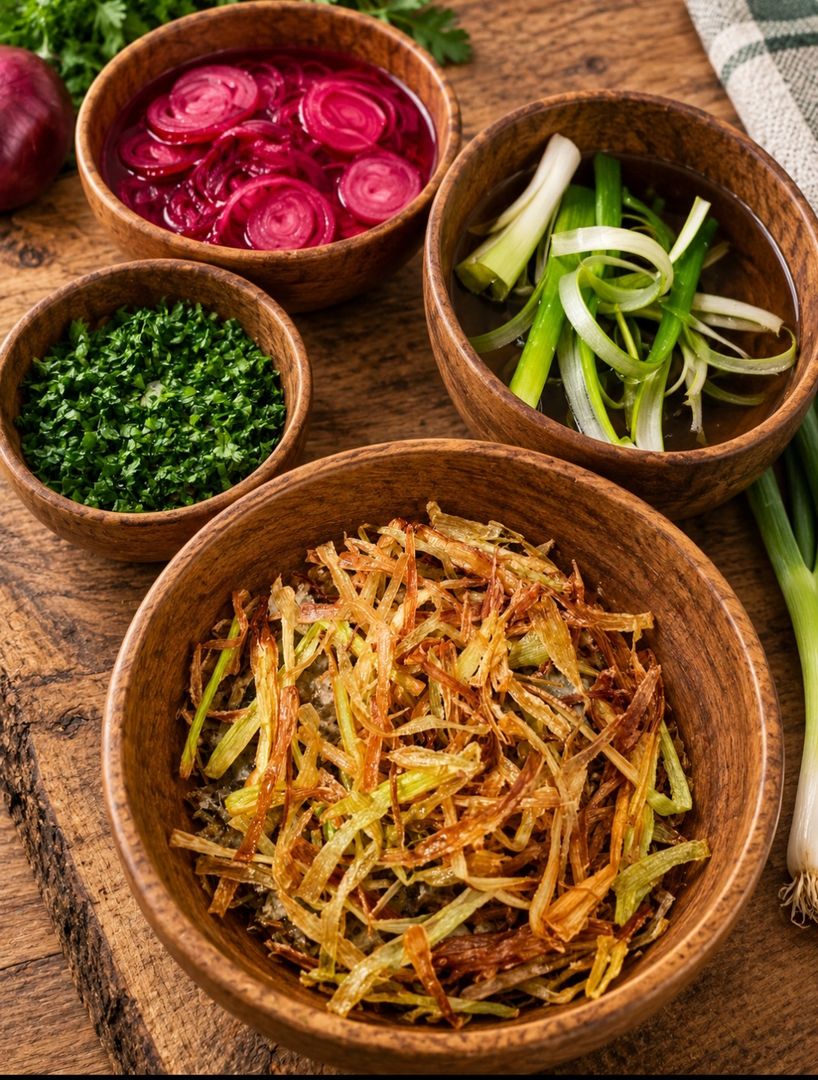 Wooden prep bowls of pickled onions, shredded leeks and fresh herbs in the Root2Shoot kitchen